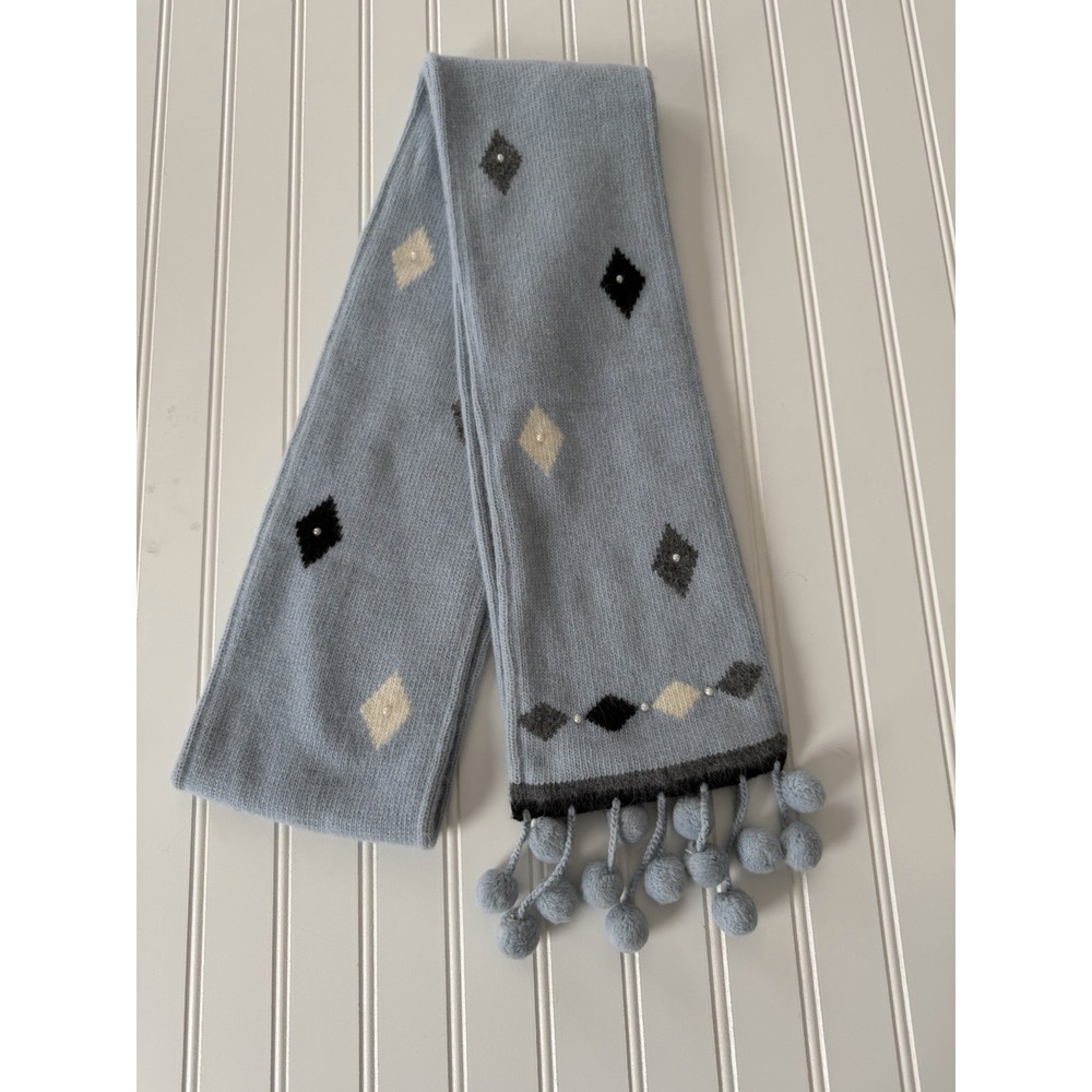 Neckworks Blue Wool Angora Scarf Diamond Pattern Pearl Accents Long 82" Cozy